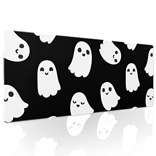 Image of Halloween Cute Ghost Mouse Pad Kawaii Cartoon Spooky Funny Spirit Extended Desk Mat Non-Slip Rubber Base Stitched Edge Large XL Black White Mousepad for Desk Gaming Laptop Desktop,31.5x11.8 Inch