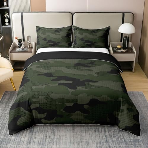 jejeloiu Camouflage-Bettbezug, 100 prozent Baumwolle, volle Größe, Camouflage-Bettwäsche, Baumwolle, Bettbezug-Set, Militär-Stil, grün-grau, Tagesdecke
