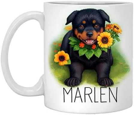 Miniatura 1 de Personalized Flower Dog Mug, Rottweiler Dog Name Mug, Dog Mom, Dog Dad, Gift for Mom, Rottweiler Name Marlen 11oz White Mugflower Mug, Pet Mug, Gift