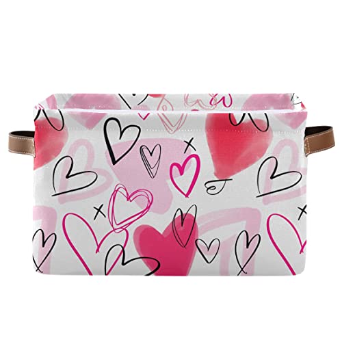 Image of Happy Valentine's Day Pink Love Storage Basket Fabric Laundry Baskets Red Heart Storage Boxes Organizer Bag for Baby Cloth Dog Toy Book Storage Cubes Shelf Closet Bins 16x12x8 Inches