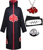 YEAJION Anime Naruto Akatsuki Hidan Cape Cosplay Kostüm Halloween Party Weihnachten Kostüm Red Cloud Mantel Stirnband Halskette Ring Kind Erwachsene Unisex Hokage Ninja Umhang Zubehör 4-Teiliges Set