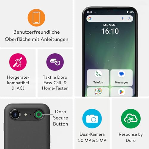 Doro - Aurora A30 Smartphone - Seniorenhandy - Einfach zu bedienen - Hilfetaste mit GPS-Ortung - Hörgerätekompatibel - Inklusive USB-Kabel - Graphit