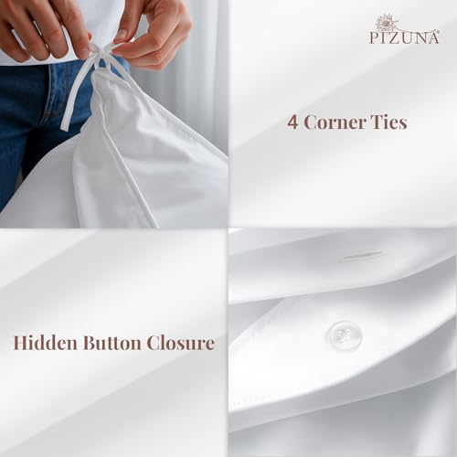 Image of Pizuna 100% Cotton Duvet Cover Double Bed, 400 Thread Count Long Staple Cotton Sateen Weave Quilt Cover 90X100 Inch, Comforter Cover King Size Double Bed with 4 Corner Ties, White