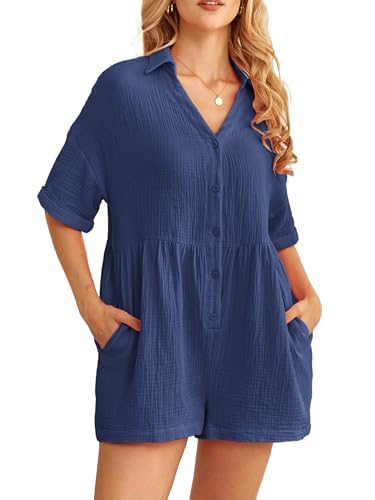 Alealiy Kikibell V Neck Button Up Rompers For Women Dressy Short Sleeve Cotton Collared Comfy Shorts Jumpsuits For Summer Navy Blue