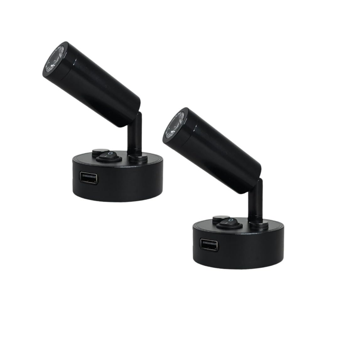 Marvix Confezione da 2 Luci di Lettura LED 12V 24V, 3000k Bianco Caldo, con Porta di Ricarica USB, Lampade Nere per Roulotte, Camper, Caravan e Barca