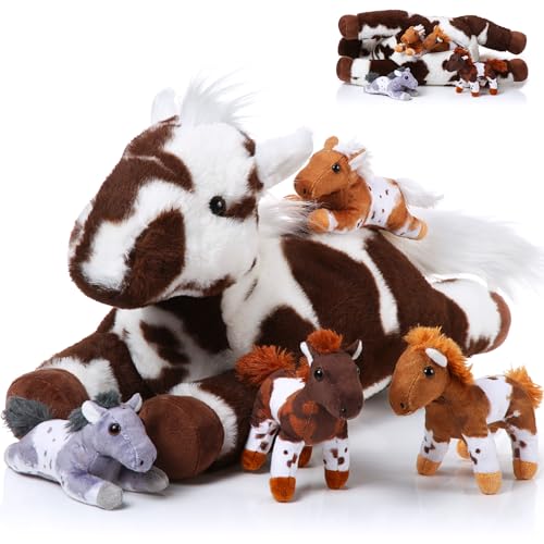 Image of Lenwen 5 Pcs Horse Stuffed Animals 18 Inches Large Mommy Horse Plush with 4 Babies in Zippered Belly Nurturing Plushie Toy Set Gifts for Christmas Boys Girls Birthday Gift Derby Party Favors(Lively)