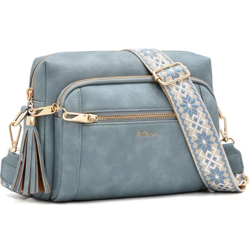 HILAEX Women's Cross Body Bags, Crossbody Bags for Women with Anti-Theft Function 4 Zip Compartments Women Shoulder Handbags with Adjustable Wide Strap Light Blue