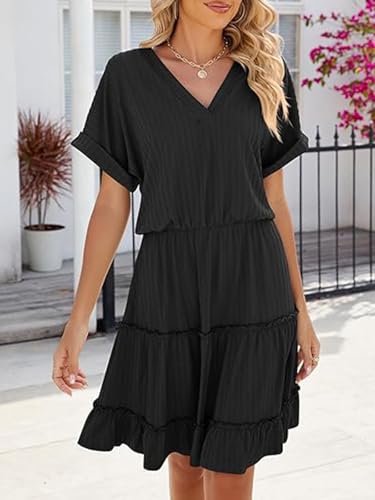 Image of PerZeal Women's Casual V Neck Short Sleeve Tiered Dress Ruffle Hem A-Line Flowy Swing Midi Dresses