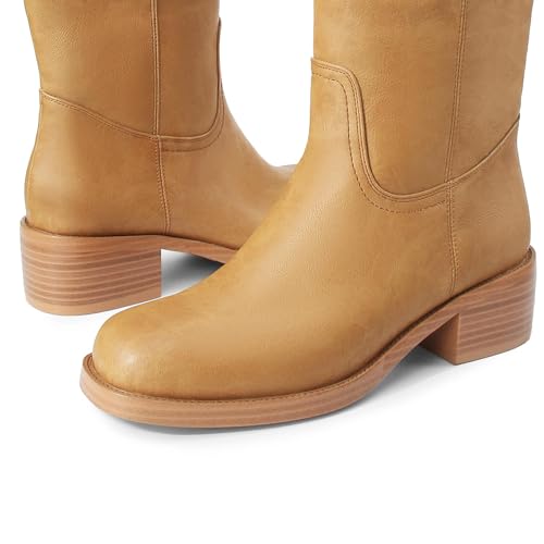 Women's Banana Knee High Boots Square Toe Chunky Block Heel Comfortable Low Heel Pull on Wide Calf Riding Long Boots for Women 104