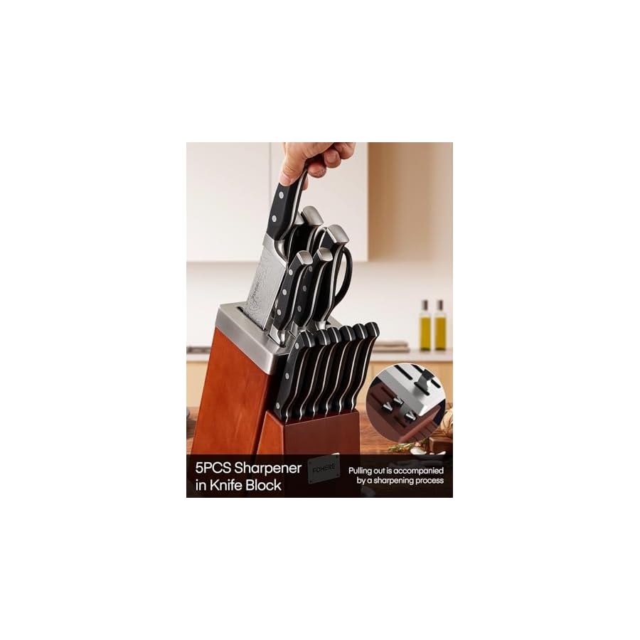 Knife Block Set, FOHERE 14 Pieces Razor-Sharp Self Sharpening Knife Set, High Carbon Stainless Steel Waved Pattern Knife Set with Block, Rust & Stain Resistant Kitchen Knives and Triple Riveted Handle