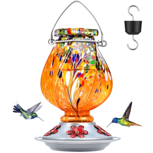 BOLITE Hummingbird Feeder, Hand Blown Glass Hummingbird Feeders for Outdoors Hanging, with Ant Moat and 5 Feeding Ports, 22 Ounces, Orange, Birthday Gifts for Women Men, Gifts for Mom Dad