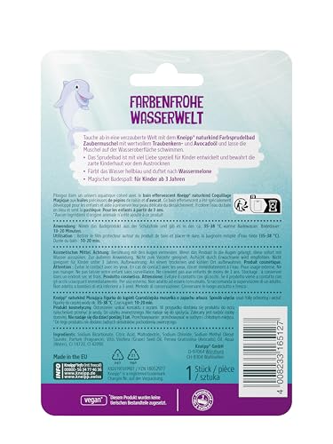 Kneipp naturkind Farbsprudelbad Zaubermuschel - Badezusatz mit wertvollem Traubenkern- & Avocadoöl - Schwimmende Muschel Duft nach Wassermelone für magischen Spaß in der Badewanne - 1St., 85g