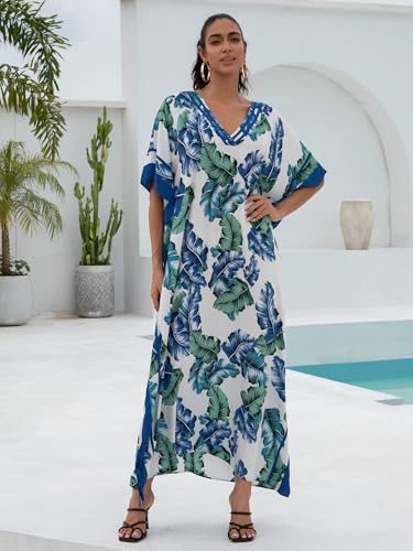 Image of KECVOT Kaftan Dresses for Women V-Neck Print Swimsuit Cover Up Plus Size Beach Caftan Lounge Dress