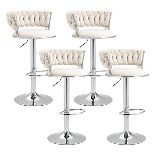 Velvet-Swivel-Bar-Stools-Set-of-4-Modern-Adjustable-Barstools-with-Woven-Back-Counter-Height-Bar-Stool-with-Silver-Leg-Upholstered-Bar-Chair-for-Kitchen-Island-Pub-Cafes-Bar-Counter-Ivory Velvet Swivel Bar Stools Set of 4 Modern Adjustable Barstools with Woven Back Counter Height Bar Stool with Silver Leg Upholstered Bar Chair for Kitchen Island Pub Cafes Bar Counter Ivory