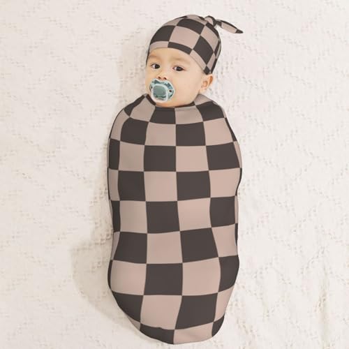 Image of Coffee Brown Checkered Plaid Swaddle Blanket with Beanie Hat Set Newborn Swaddle Wrap Soft Baby Receiving Blankets Baby Swaddle Sack for Baby Boys and Girls