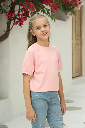 Image of Kids Girls Cute T-Shirt Short Puff Sleeve Basic Solid Casual Loose Pullover Ribbed Cuffs Hem Pink Tees Size 4-13Years