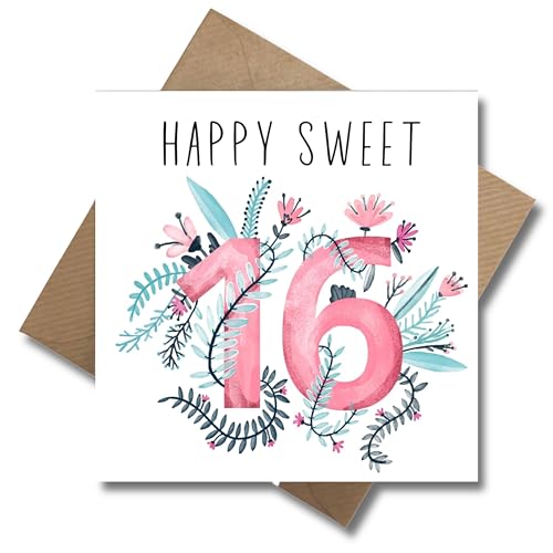 WBdesignz 16 Geburtstag Karte mit Umschlag - Sch&ouml;ne Geburtstagskarte &ldquo;Happy Sweet 16&rdquo; Gl&uuml;ckwunschkarte Geschenkkarte zum 16. Geburtstag Happy Birthday Karte (125 x 125 mm)