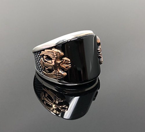 KAR Handmade 925 Sterling Silver Black Onyx Double Head Eagle Men's Ring-US K64T2