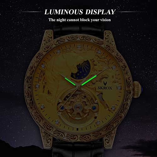 FORSINING Men's Watches Luxury Skeleton Moon Phase Automatic Self-Winding Watches with Genuine Leather Strap (Gold and Black) - Image 4