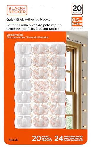 Black+Decker Solid Wall Hooks, Quick Stick Adhesive, Removeable, 20 Wall Hooks, 24 Adhesive Strips, Hang Decorations Without Damaging Walls, up to 0.5lb., Clear