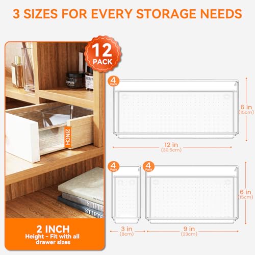 Image of Criusia 12 Pack Large Clear Plastic Drawer Organizer Trays | MULTI-USE Acrylic Drawer Storage for Kitchen, Bathroom, Makeup, Office, School, Undies | College Dorm Room, Home Apartment Essentials
