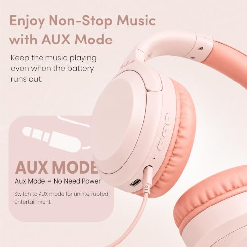 Image of PunnkFunnk BeatXtra Lite Premium Wireless Bluetooth Headphones V5.3, Over Ear Stereo Headset with Built-in Microphone, 40mm Drivers, AUX Mode, Comfortable Cushions, Up to 250 Hours Standby (Pink)