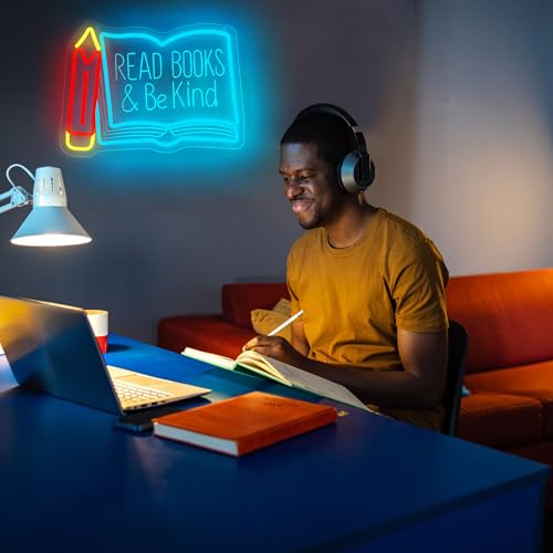 Image of Read Books Be Kind Neon Sign for Wall Decor Reading Neon Light Study Room | Dimmable Led Neon,Teen Birthday Reading Gifts,5V USB Powered,Bookstore Bedroom Decor, Classroom Library Wall Art,13.7*10in