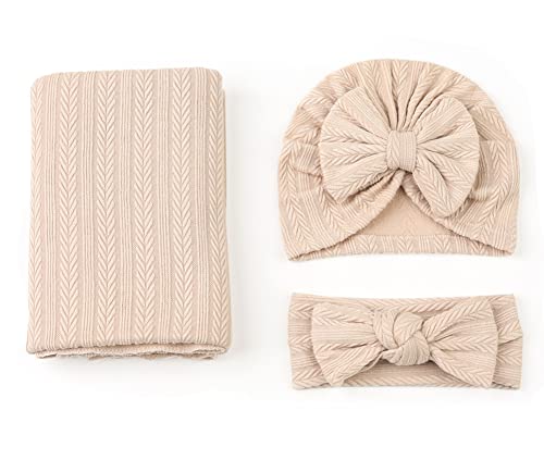 Image of QandSweet Newborn Receiving Blanket Headband Hat Set Baby Swaddle swaddling blanket (Khaki)
