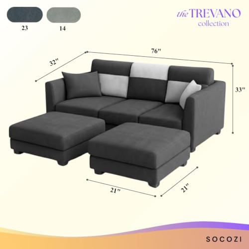 Image of SOCOZI Evanto 5 Seater L Shape Sofa Set with 2 Movable Ottomans | Flexible Layout| Soft Velvet Suede Fabric|Modern Sofa | Plush Comfort Cushions for Living Room (Dark Gray-Light Gray)