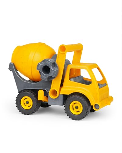 Lena 04215 - EcoActives Betonmischer Baustellen Fahrzeug ca. 28 cm robuster Mischer mit beweglicher Mischtrommel natürlicher Holzgeruch durch Holzanteil Spielfahrzeug für Kinder ab 2 Jahre Gelb
