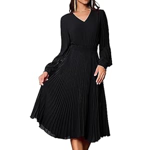 GRACE KARIN Damen Elegant Kleid Langarm V-Ausschnitt Swing Cocktailkleid A-Linie Faltenrock Casual Freizeitkleid