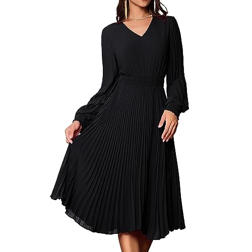 GRACE KARIN Damen Elegant Kleid Langarm V-Ausschnitt Swing Cocktailkleid A-Linie Faltenrock Casual Freizeitkleid