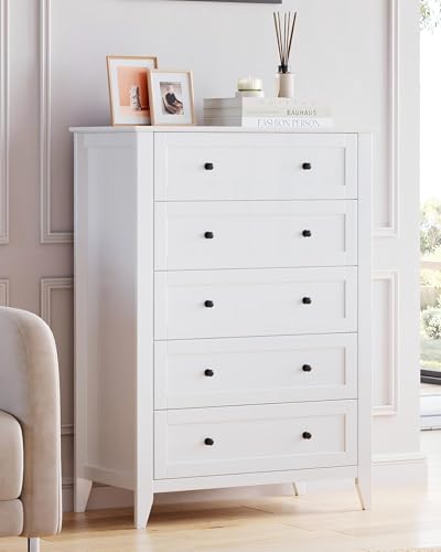 GarveeHome White 5 Chest of Drawer Dresser, Wood...