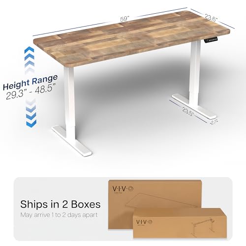 Image of VIVO Reclaimed Wood 60 x 24 in Standing Desk, DESK-KIT-1W6P | Electric, Holds 220 lbs, Sit Stand, Height Adjustable, Solid One-Piece Table Top, Memory Presets, 1B Series, White Frame