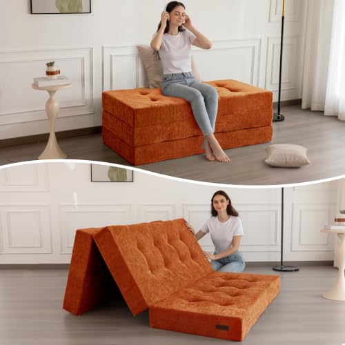 Image of MAXYOYO 6 inch Folding Sofa Bed for Floor, Tufted Tri-Fold Floor Mattress | Queen Size Portable Sofa Couch Guest Mat with Chenille Fabric for Adults, Foldable Topper for Camping, Orange, Queen