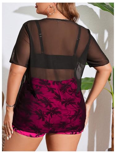 Women's Plus Size 3 Piece Swimsuits Tropical Tankini Shorts Set High Waisted Bathing Suit with Sheer T-Shirt Cover Up2