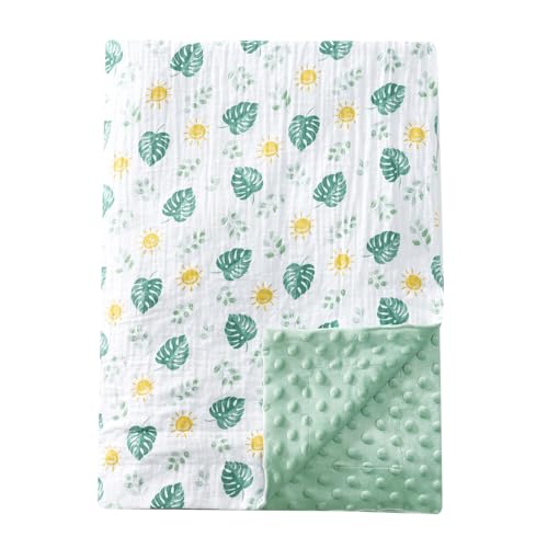 Image of david's kids Muslin Minky Baby Blanket for Boys Girls with Muslin Cotton Front and Dotted Fleece Backing, Breathable and Soft Lightweight Receiving Blanket for Newborns, 30x40 Inches, Leaf