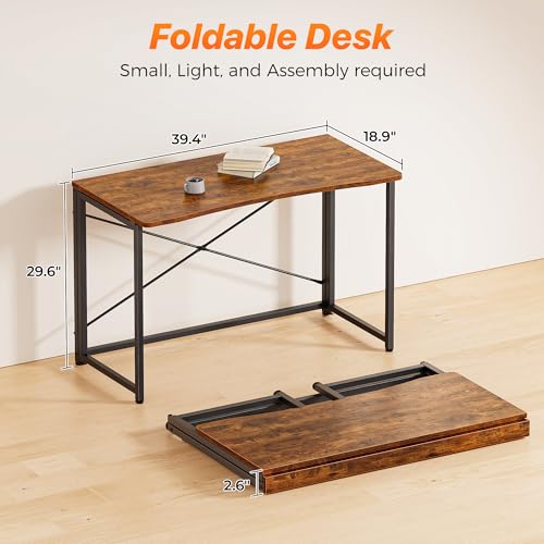 Image of Huuger Folding Desk for Small Spaces, 39.4 Inch Foldable Computer Table | Easy Assembly, Small Writing Work Office Computer Desk, for Home Office, Study, Bedroom, Dorm, Space Saving, Rustic Brown