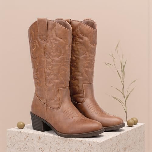 Vepose Women's Cowboy Boots Western Cowgirl Round Toe Mid Calf Boots,Brown,Size 9M US(CJY9801 Brown 09) — view 3