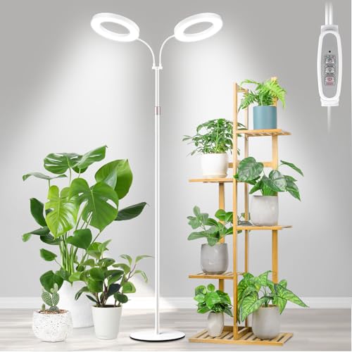 LBW Full Spectrum Grow Light with Stand for Large & Tall Indoor Plants, Adjustable Height 48.8–68'', Auto Cycle Timer 4/8/12H, 4-Level Dimmable Floor Plant Light (White)