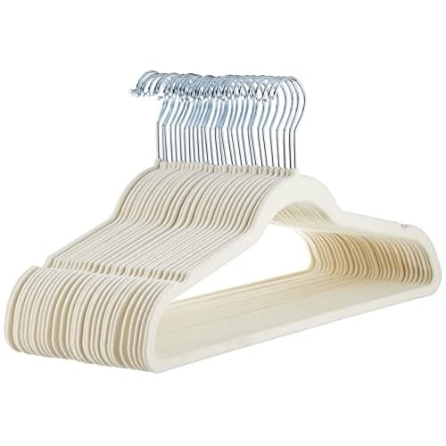 Amazon Basics Slim, Velvet, Non-Slip Suit Clothes Hangers, Ivory/Beige- Pack of 30