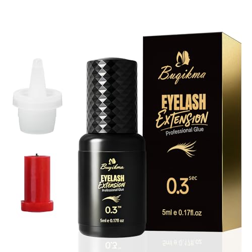 Buqikma Professional Eyelash Extension Glue 5ml - 0.3s Quick Dry Black Eyelash Adhesive with 8 Weeks Strong Hold Waterproof & Latex-Free Low Irritation Lash Glue for Techs & Salon Professionals ONLY