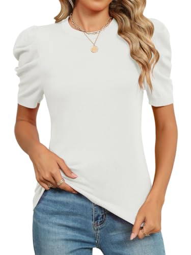 AKEWEI Puff Short Sleeve Sweater for Women Tops Trendy Spring