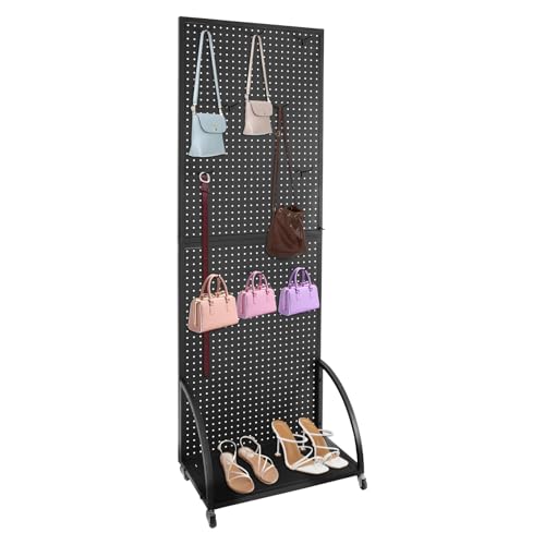 SanBouSi 2 x 5.5 Feet Metal Pegboard with Base Plate, Pegboard Display with Wheels, Standing Peg Board Panels Merchandise Display Rack, 10Pcs Hooks, Black