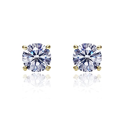 Solid 14K Gold Studs 6mm Round Cubic Zircornia Basket Setting Screwback Stud Earrings, Choice of Colors