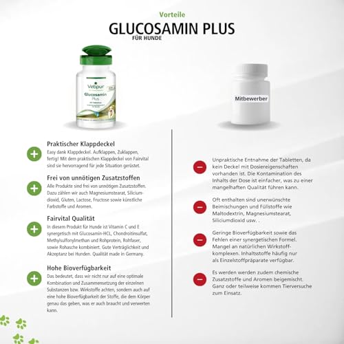 Vetipur Glucosamin Plus - Gelenktabletten - 90 Tabletten - Futterergänzung für Hunde - Glucosamin + Chondroitin + MSM + Vitamin C & Vitamin E