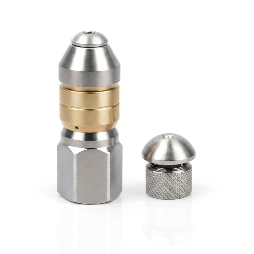 Desatascador Tuberias a Presion de Acero Inoxidable, Kit 2 Boquillas (Rígida y Giratoria) 1/8" para Limpiadora Alta Presion, Solución Eficaz para Desatascar Alcantarillados y Drenajes