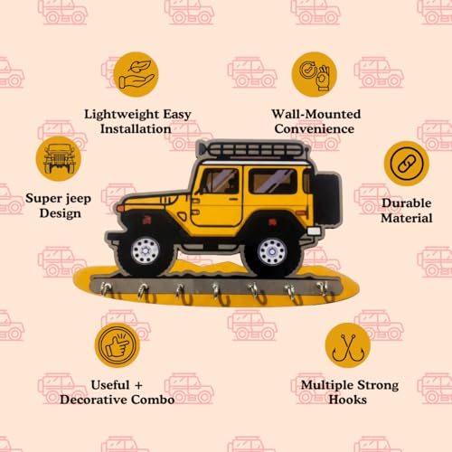 Image of Jeep Key Holder for Wall - Yellow Off‑Road Car Wooden Key Hanger with 7 Metal Hooks - MDF Wall Mounted Key Stand & Entryway Organizer for Kids Room and Home Decor Gift