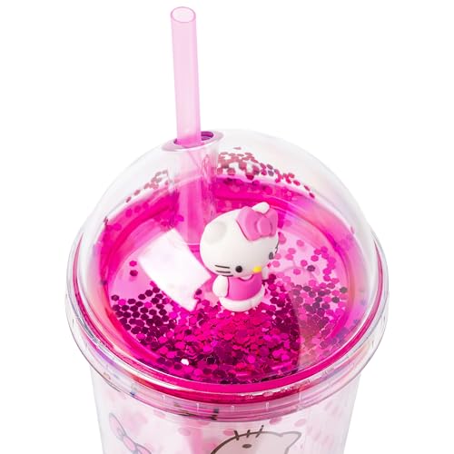 Image of Silver Buffalo Sanrio Hello Kitty Pink Polka Dots and Bows Dome Glitter Top Travel Tumbler, 24 Ounces