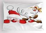 Ambesonne Christmas Pillow Sham, Funny Christmas Santa Claus and Reindeer Peeking Cartoon Style Humor, Decorative Standard Size Printed Pillowcase, 26' X 20', Vermilion Caramel White
